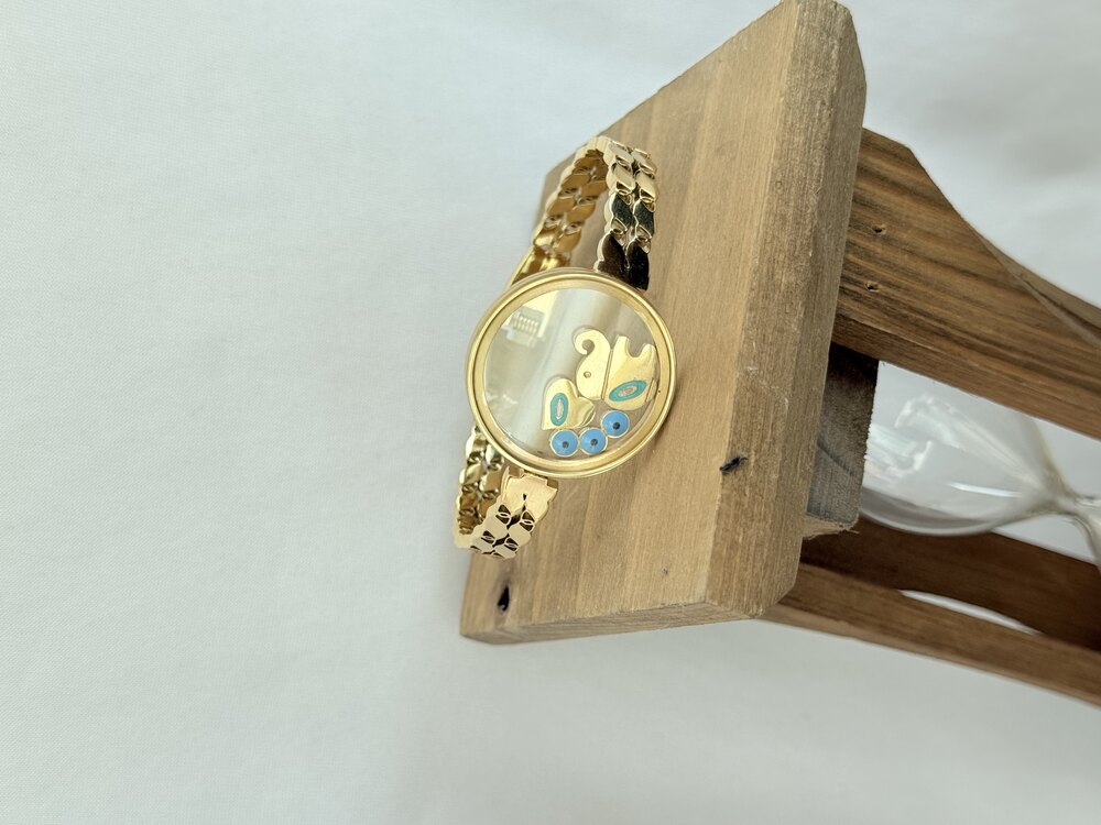 Gold Renk Nazar Boncuklu Fil Detaylı İtalyan Zincirli Şeffaf Madalyon Çelik Bileklik