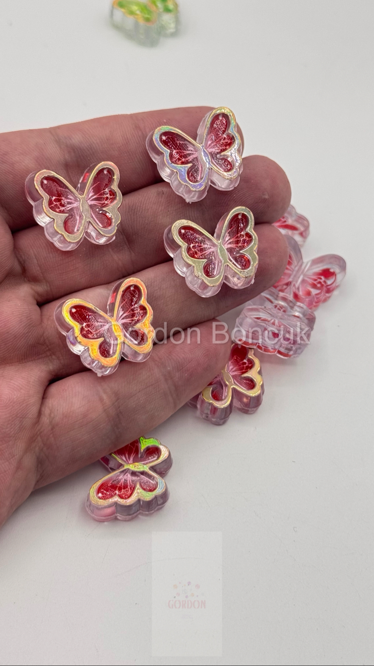 Şeffaf Kırmızı Kelebek Model Plastik Boncuk 500Gram