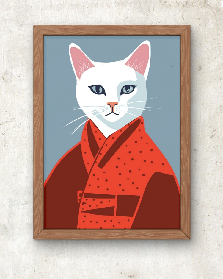 Kimonolu Beyaz Kedi – Dekoratif Sanat Posteri A3