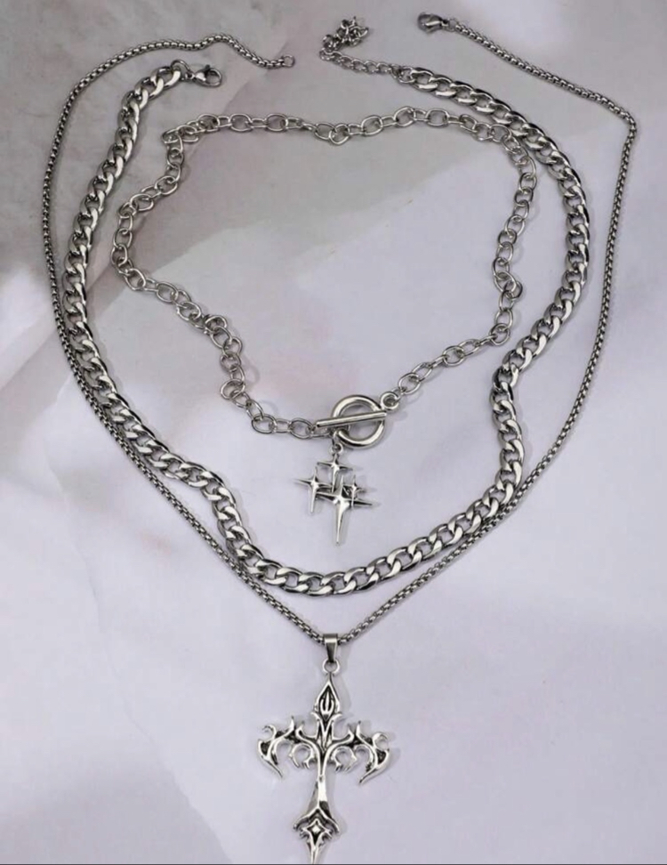 Goth Set Katmanlı Çelik Zincir Dikenli Haç & Yıldız Kolye
