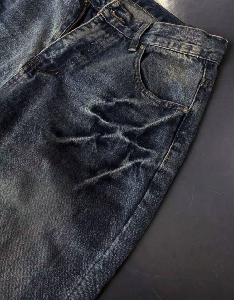 Yıkanmış Dokulu & Bıyık Detaylı Bol Paça Denim Pantolon
