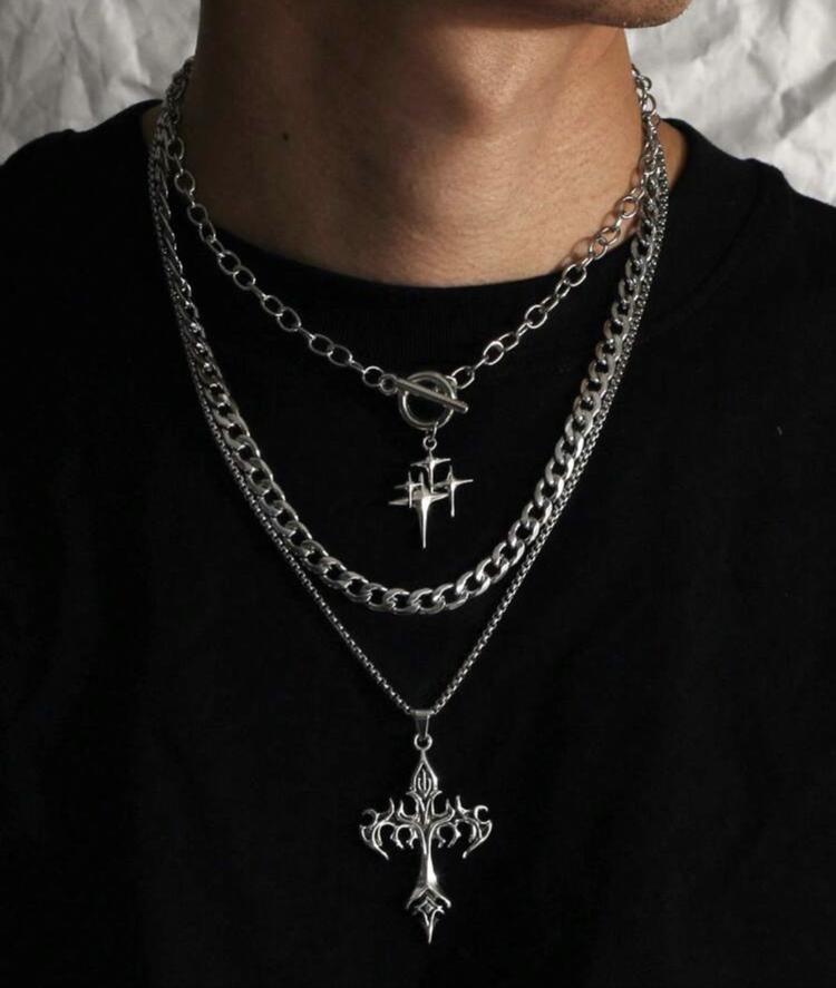 Goth Set Katmanlı Çelik Zincir Dikenli Haç & Yıldız Kolye