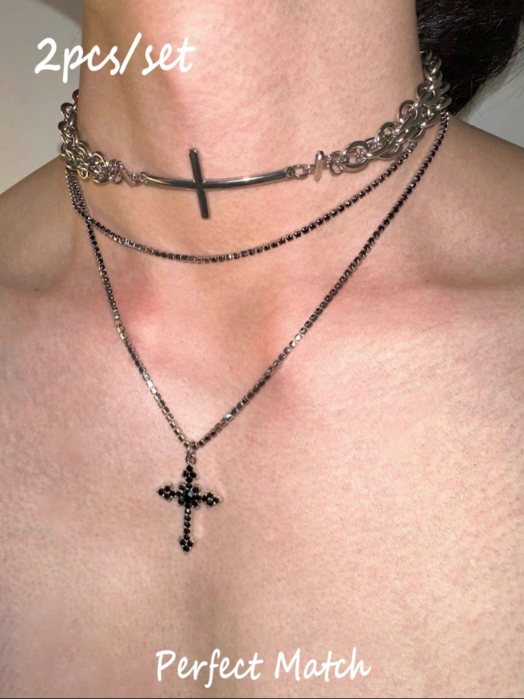 2 Katmanlı Siyah Taşlı Haç & Choker Kolye Seti
