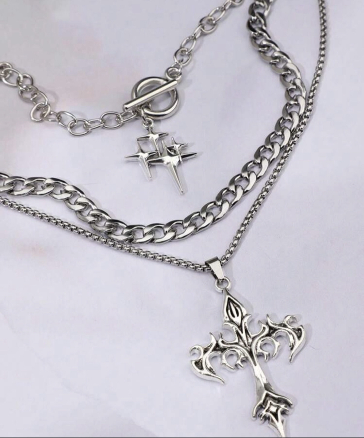 Goth Set Katmanlı Çelik Zincir Dikenli Haç & Yıldız Kolye