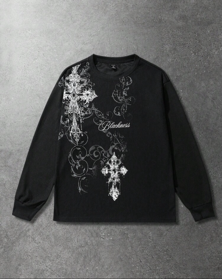 Gotik Haç & Sarmaşık Baskılı Siyah Sweatshirt