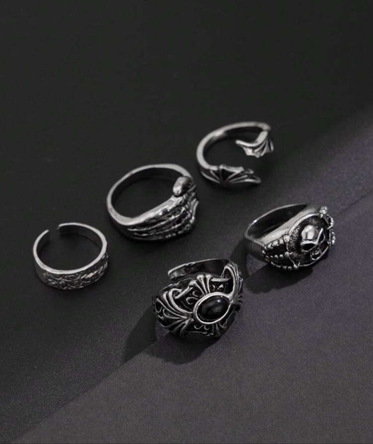 5 Adet Grunge Motifli & Haç Detaylı Antik Eklem Yüzükleri