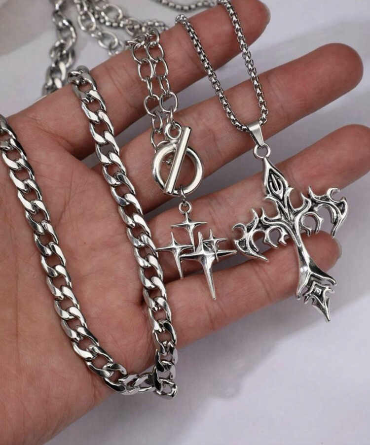 Goth Set Katmanlı Çelik Zincir Dikenli Haç & Yıldız Kolye