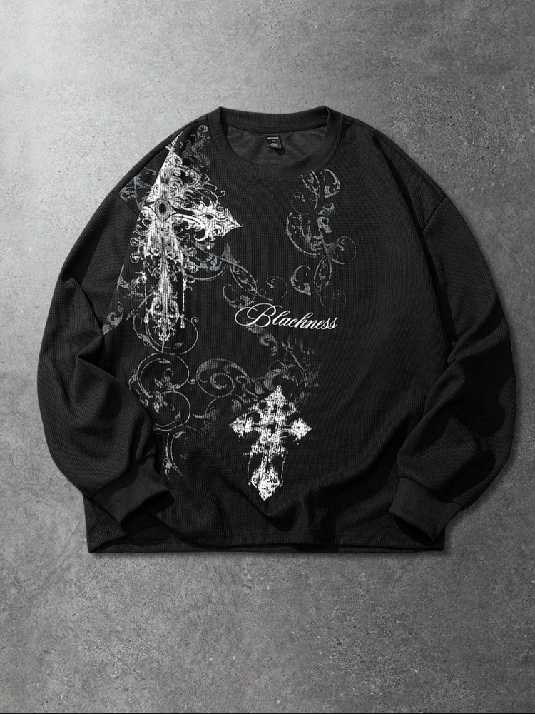 Gotik Haç & Sarmaşık Baskılı Siyah Sweatshirt