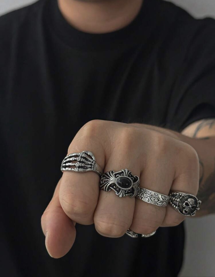 5 Adet Grunge Motifli & Haç Detaylı Antik Eklem Yüzükleri