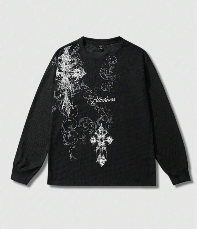 Gotik Haç & Sarmaşık Baskılı Siyah Sweatshirt