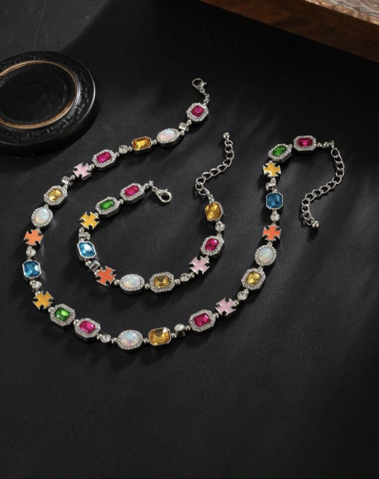 Victorian Goth Çok Renkli Mücevher Taşlı Kolye Bileklik Set