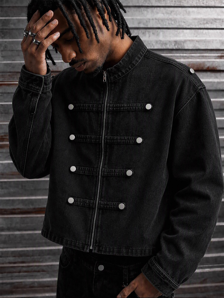 Askeri/Bando Detaylı Siyah Denim Ceket