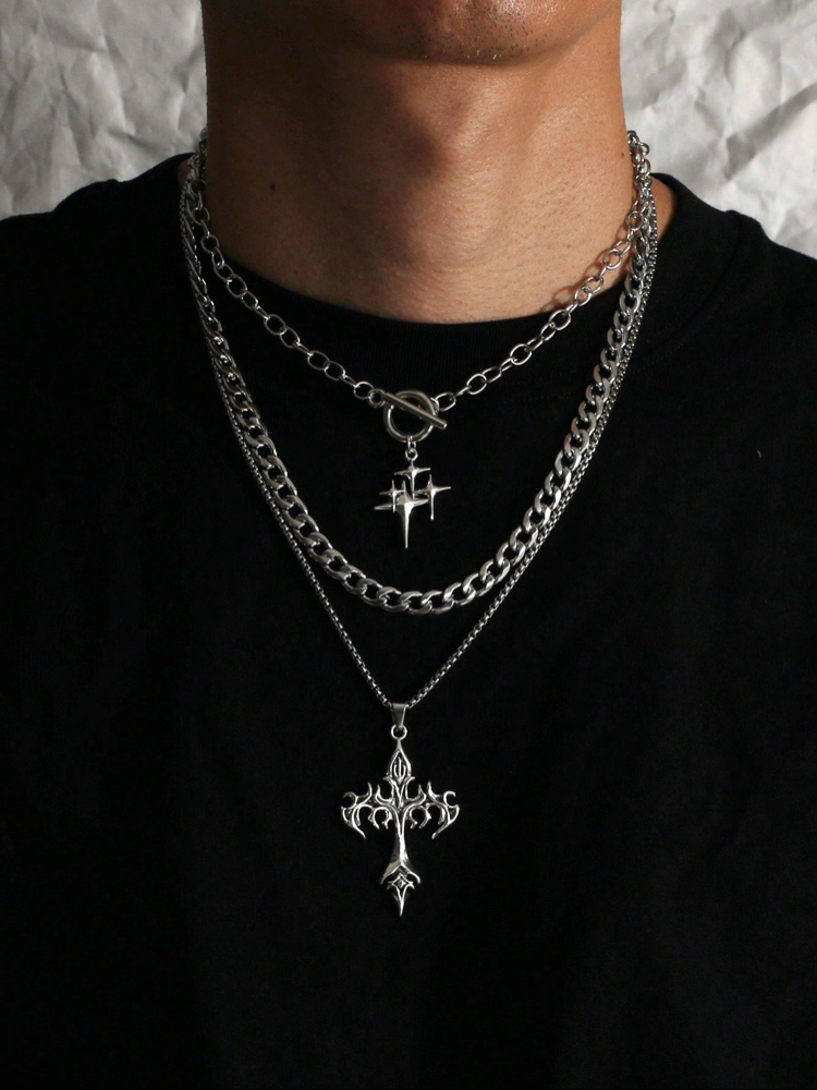Goth Set Katmanlı Çelik Zincir Dikenli Haç & Yıldız Kolye