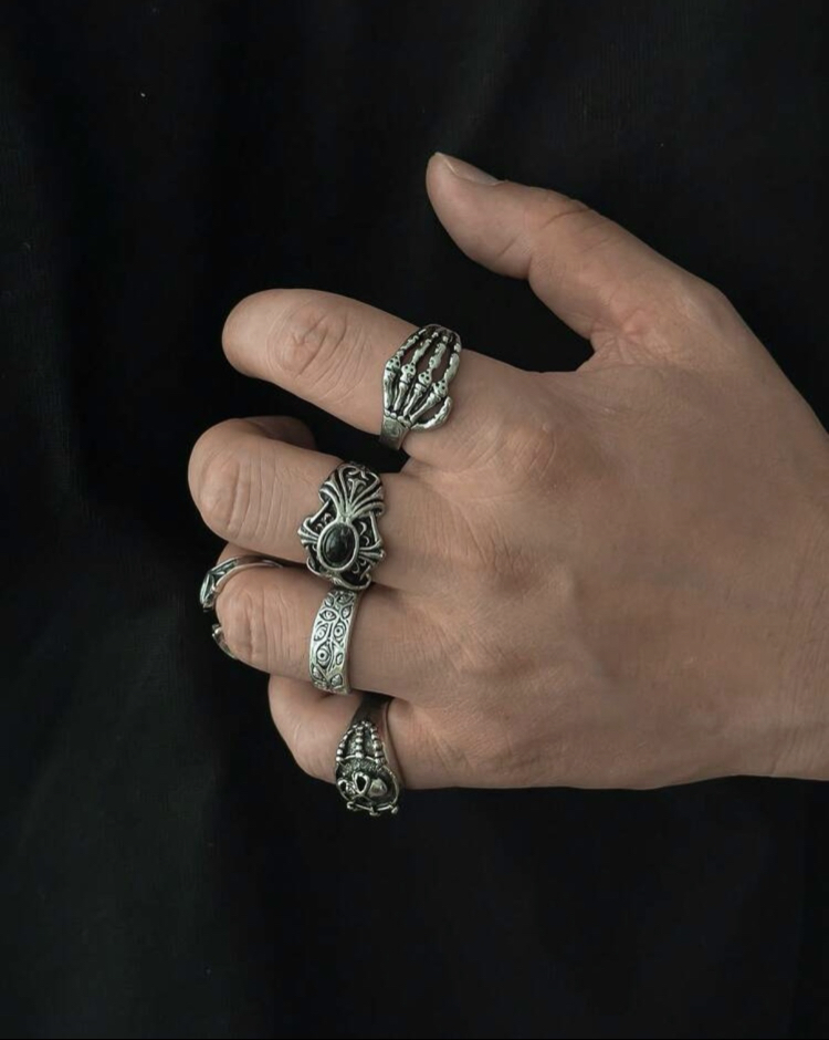 5 Adet Grunge Motifli & Haç Detaylı Antik Eklem Yüzükleri