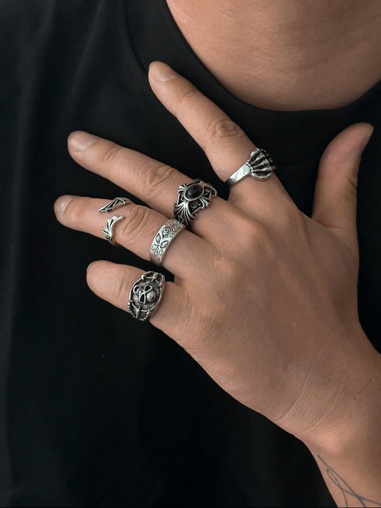 5 Adet Grunge Motifli & Haç Detaylı Antik Eklem Yüzükleri