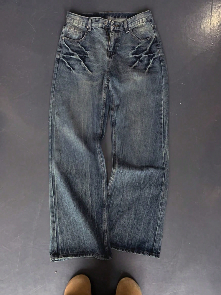 Yıkanmış Dokulu & Bıyık Detaylı Bol Paça Denim Pantolon