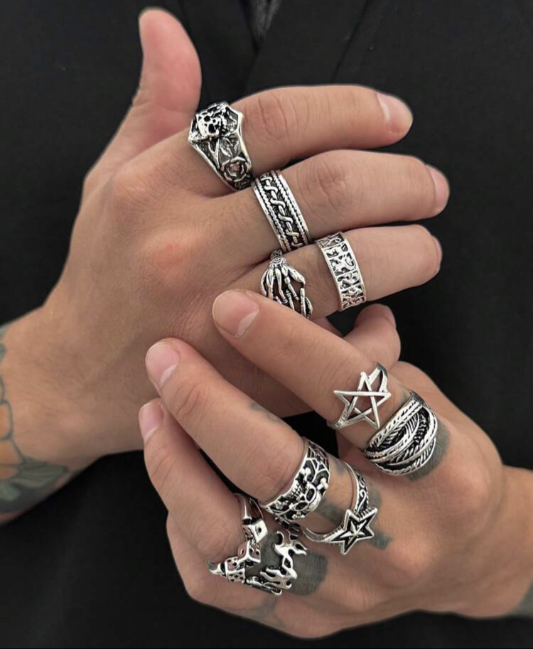 Goth Ball & Kurukafa Figürlü Çoklu Çelik 10 Lu Yüzük Seti