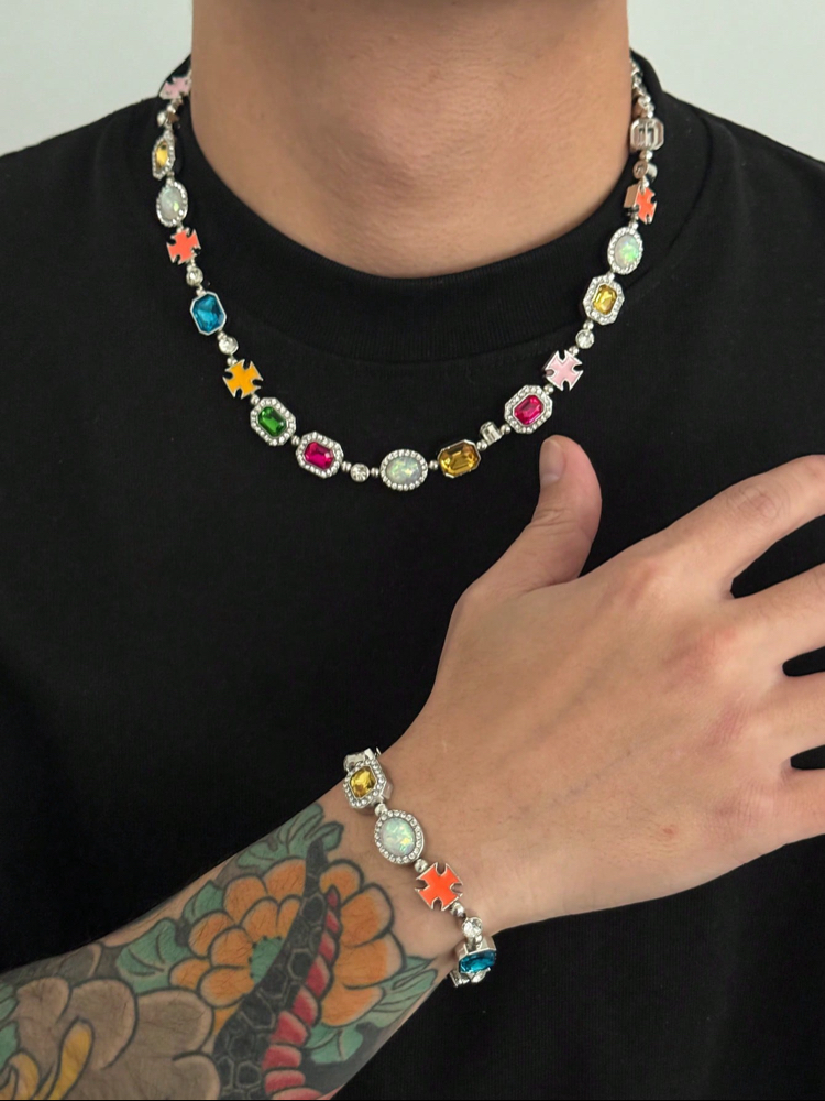 Victorian Goth Çok Renkli Mücevher Taşlı Kolye Bileklik Set