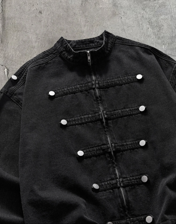 Askeri/Bando Detaylı Siyah Denim Ceket