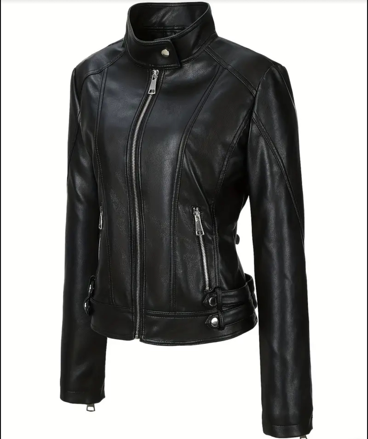 Goth Deri Kadın Slim Fit Deri Motosiklet Ceketi - Stand Yaka Fermuarlı Uzun Kollu Casual