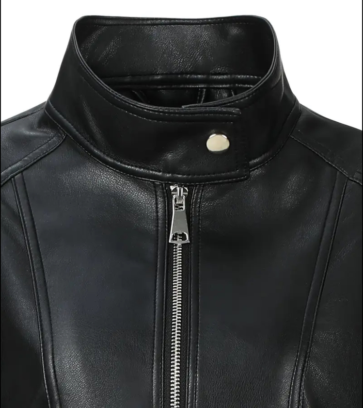 Goth Deri Kadın Slim Fit Deri Motosiklet Ceketi - Stand Yaka Fermuarlı Uzun Kollu Casual