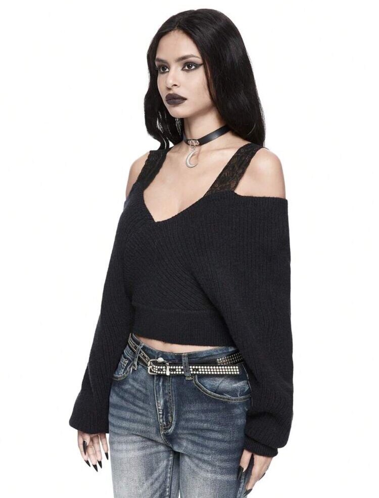 Grunge Lacy Omuz Detaylı Crop Kazak - Siyah