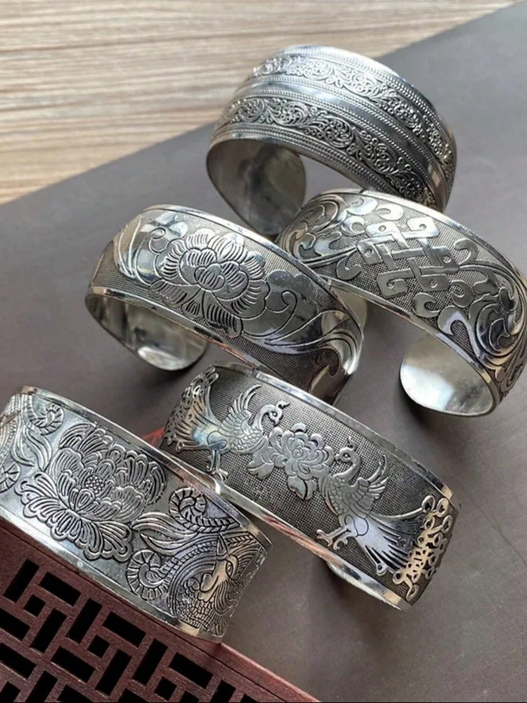 Vintage Bohem Vintage Gümüş İşlemeli Geniş Bileklik