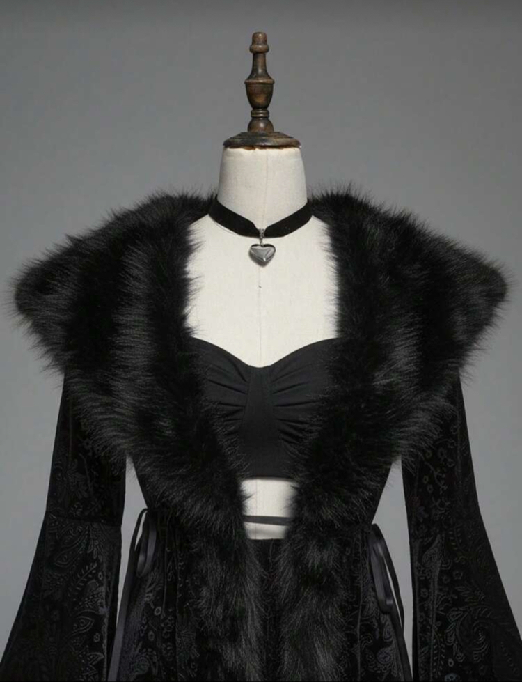 Gothic Goth Fringed Velvet Pelerin - Siyah