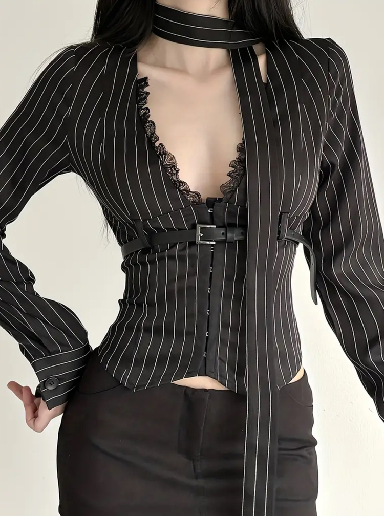 Gotik Punk Uzun Kollu Seksi Vintage Çizgili Dantel Detaylı ve Beli Sıkılaştırıcı Siren Bluz 