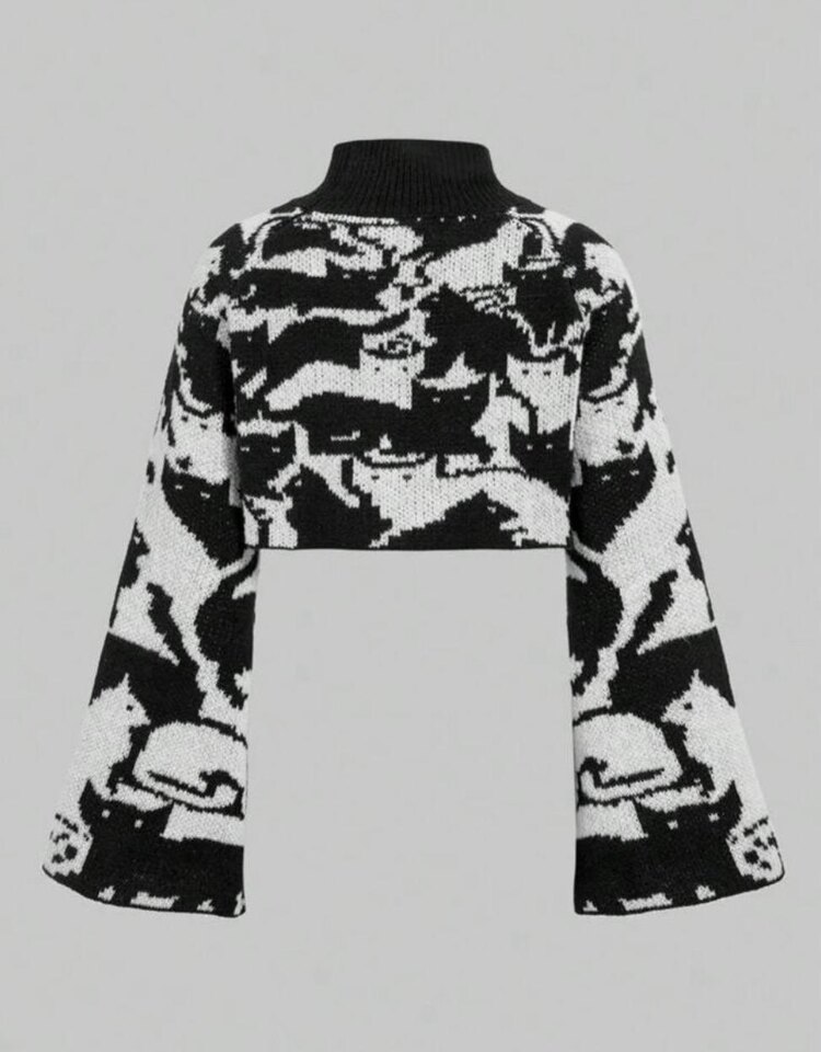 Cutecore Grunge Kedi Desenli Crop Kazak