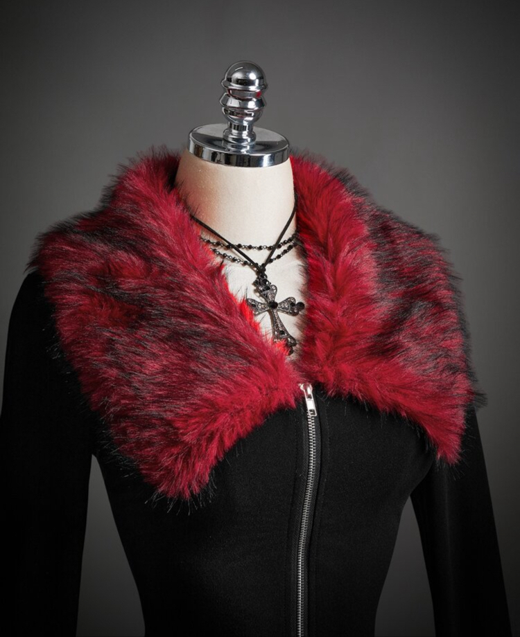 Goth Gotik Y2K Çift Fermuarlı Ceket - Sahte Kürk Yaka Siyah Hırka