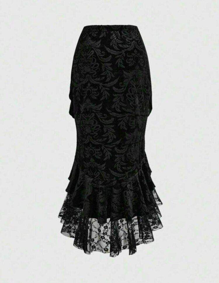Gothic Tribal Dantelli Detaylı Uzun Fırfırlı Etek