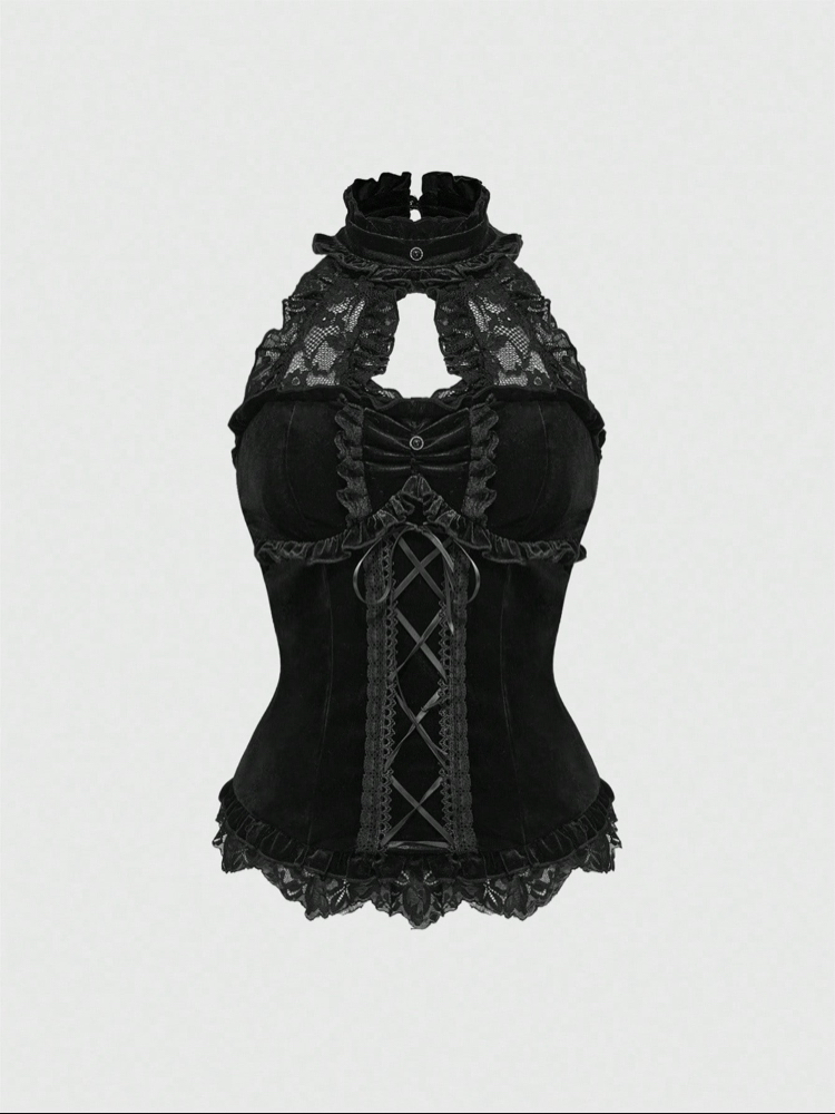 Victorian Lolita Goth Kurdeleli Siyah Kadife Bustiyer