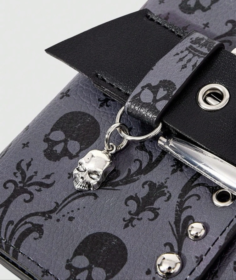 Gothic Vampire Kuru Kafa Damask Desenli Kalın Kemer Tokası Detaylı Katlanır Cüzdan