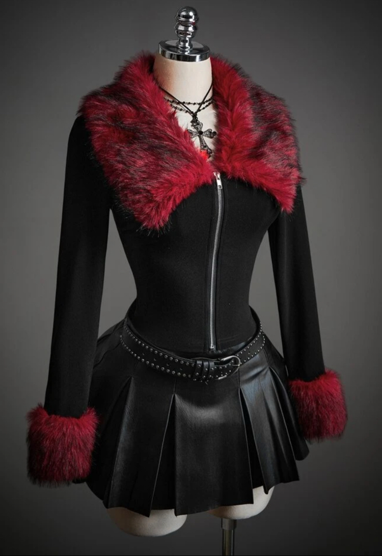 Goth Gotik Y2K Çift Fermuarlı Ceket - Sahte Kürk Yaka Siyah Hırka