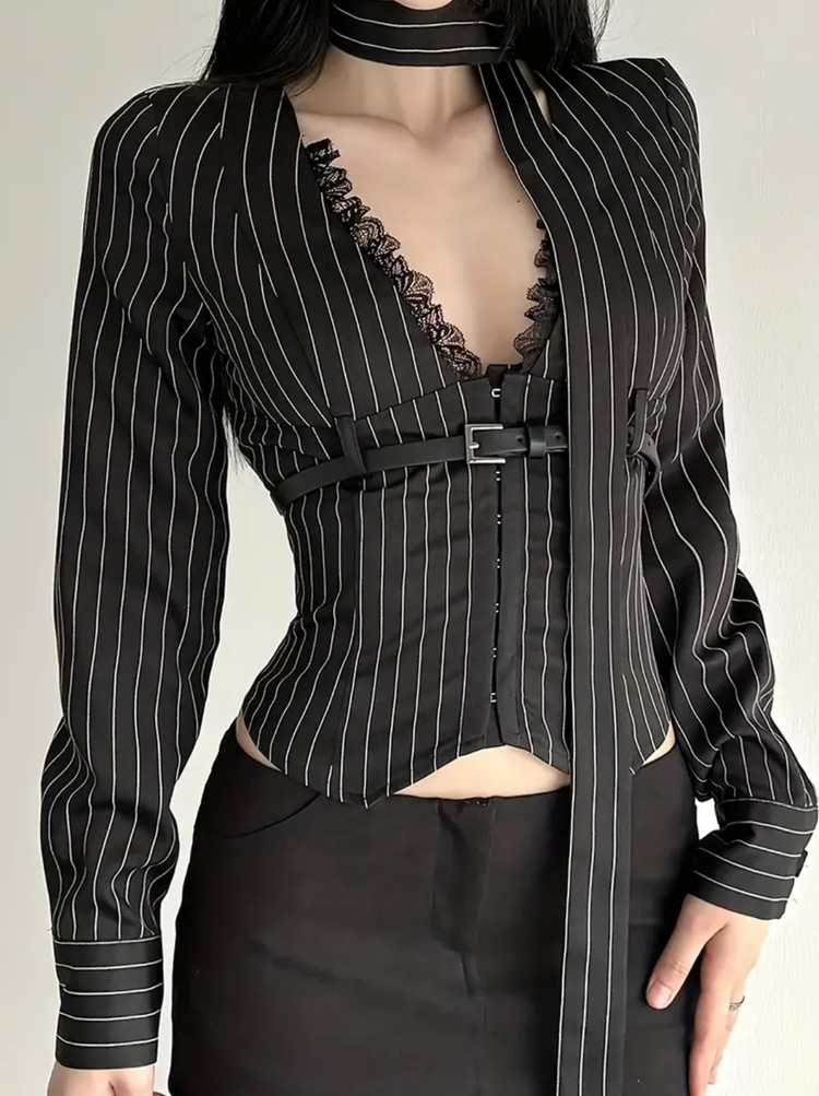 Gotik Punk Uzun Kollu Seksi Vintage Çizgili Dantel Detaylı ve Beli Sıkılaştırıcı Siren Bluz 