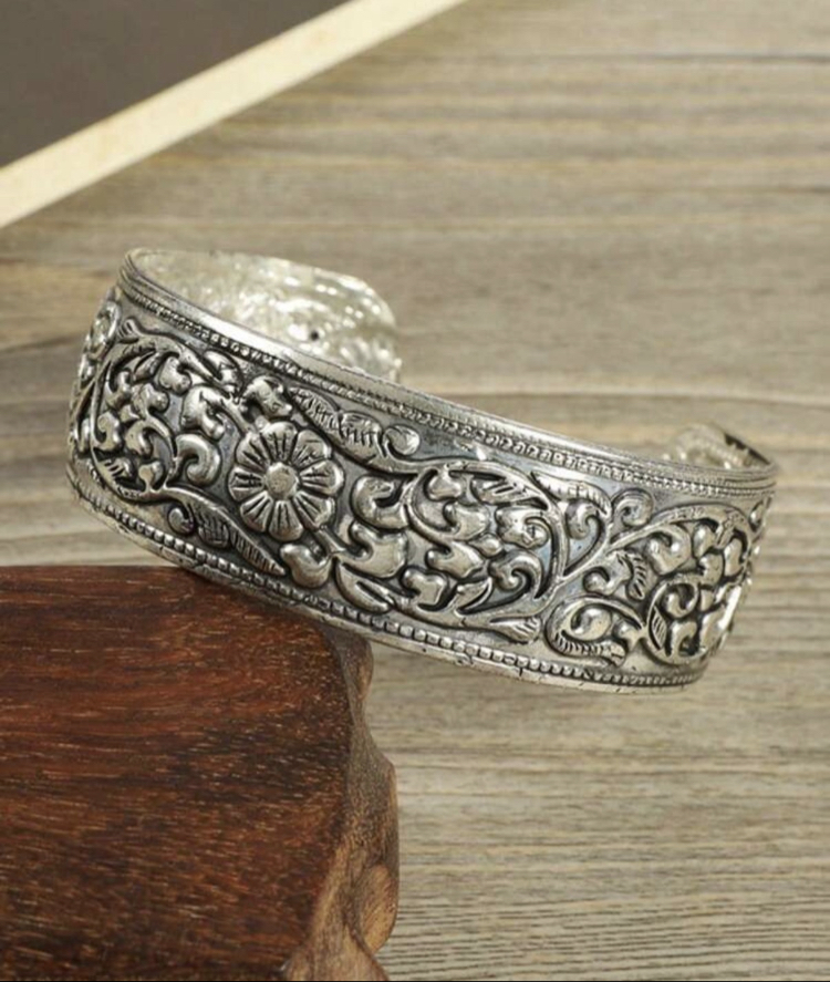 Vintage Bohem Vintage Gümüş İşlemeli Geniş Bileklik