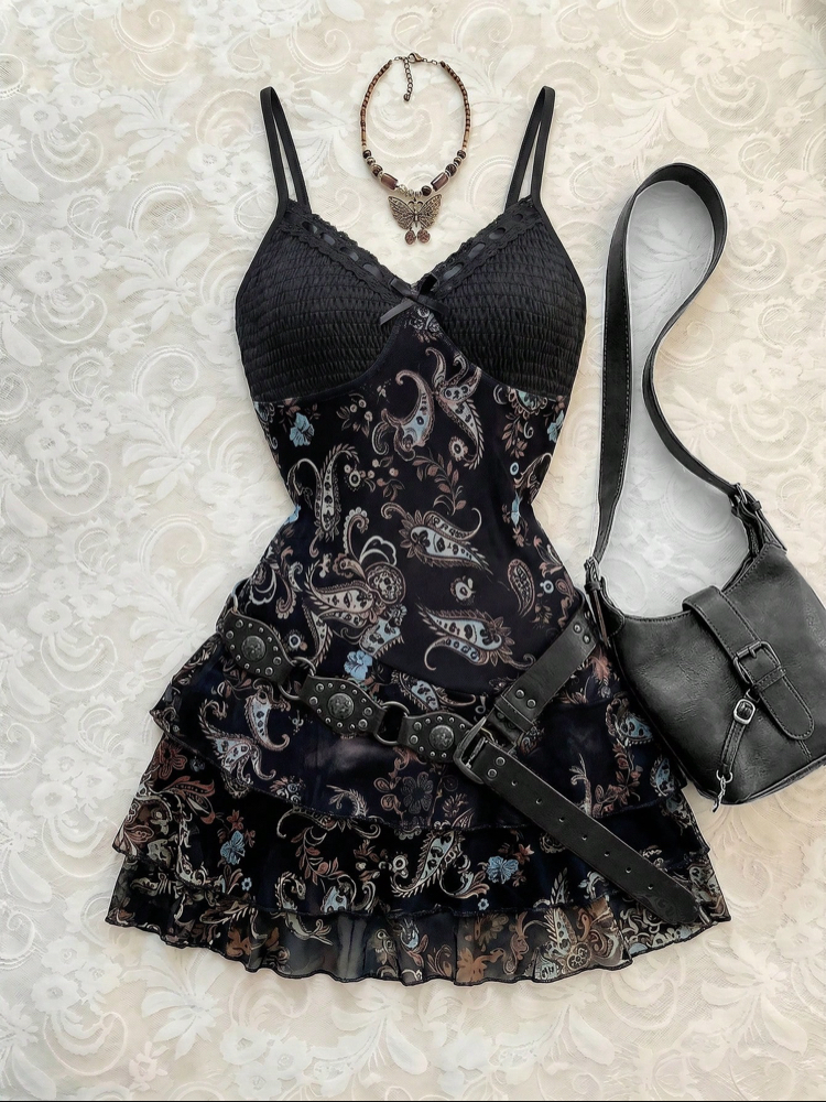 Vintage Floral Printed Hippie Siyah Aslılı Elbise