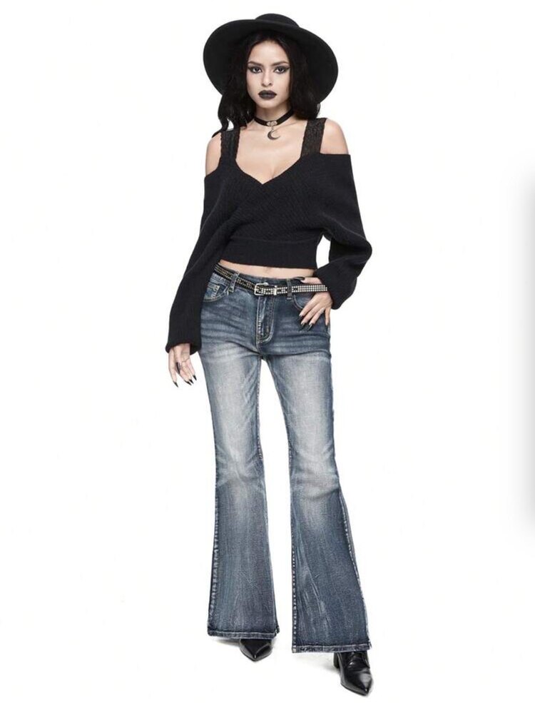 Grunge Lacy Omuz Detaylı Crop Kazak - Siyah