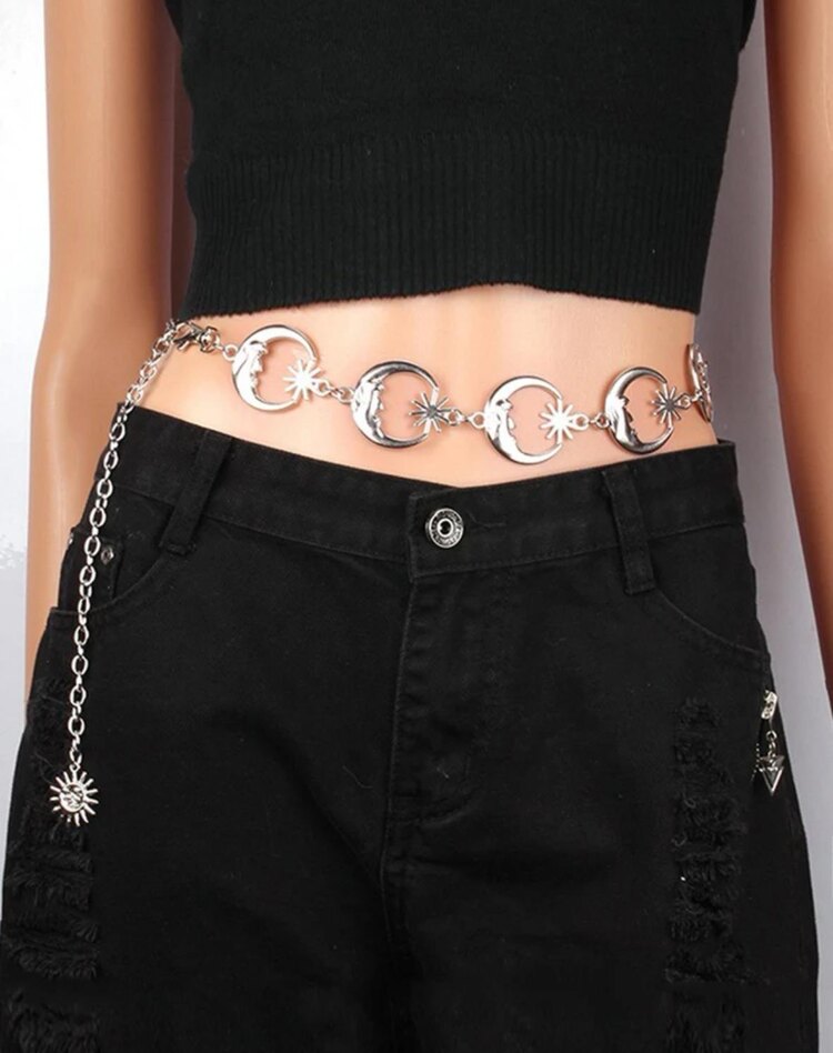 Grunge Gothic Ay Yıldız Charmlı Zincirli Kemer
