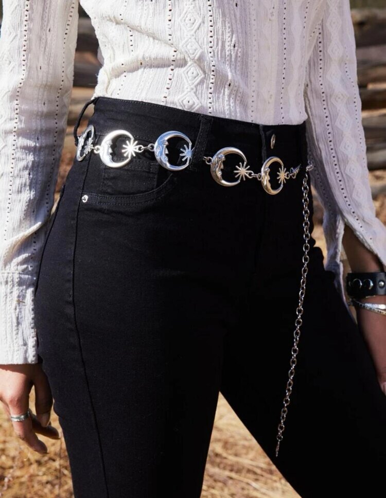 Grunge Gothic Ay Yıldız Charmlı Zincirli Kemer