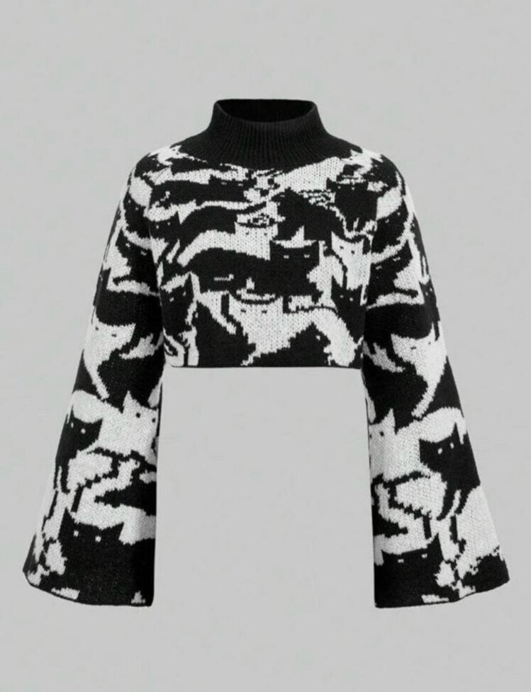 Cutecore Grunge Kedi Desenli Crop Kazak