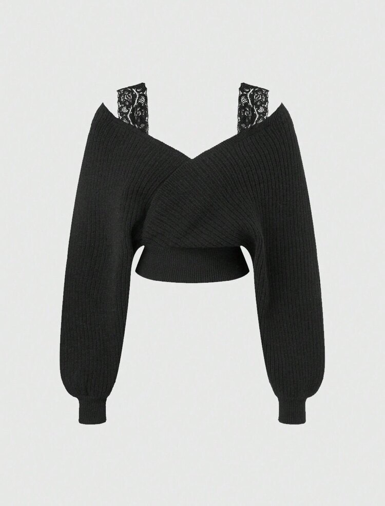 Grunge Lacy Omuz Detaylı Crop Kazak - Siyah