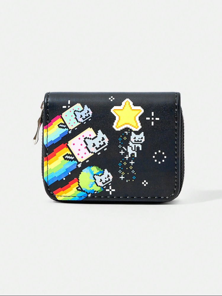 Grunge Piksel Gökkuşağı Kedi (Nyan Cat) Fermuarlı Cüzdan Siyah