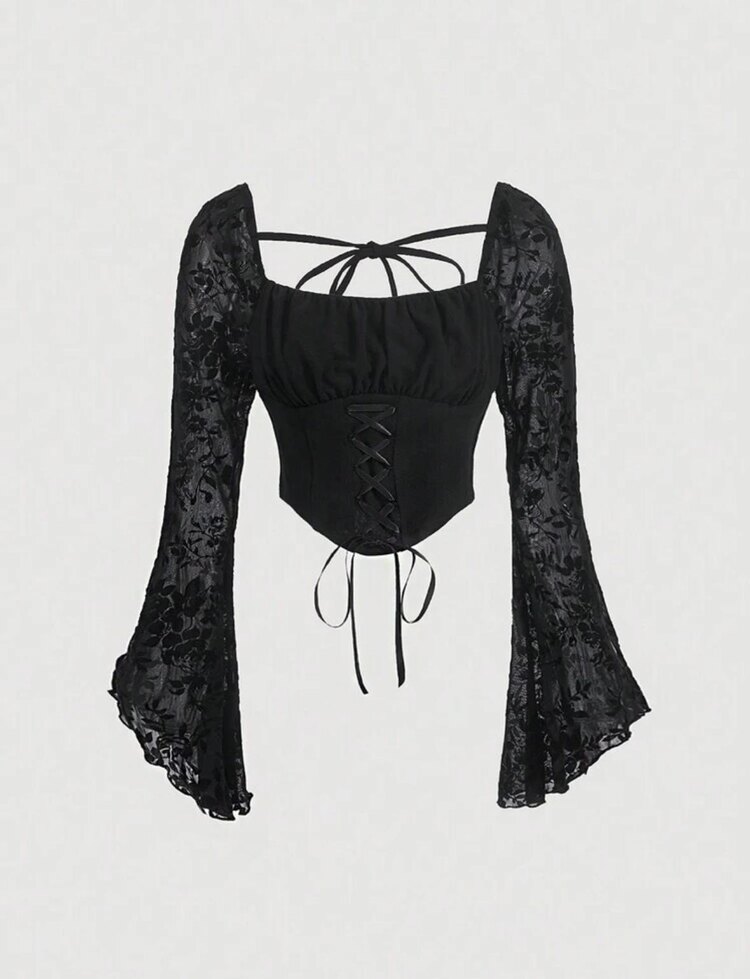 Gothic Grunge Sırt Dekolteli Dantelli Uzun Kollu Bluz