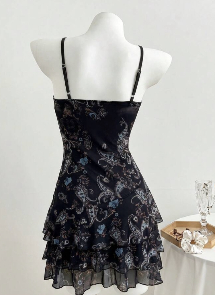 Vintage Floral Printed Hippie Siyah Aslılı Elbise
