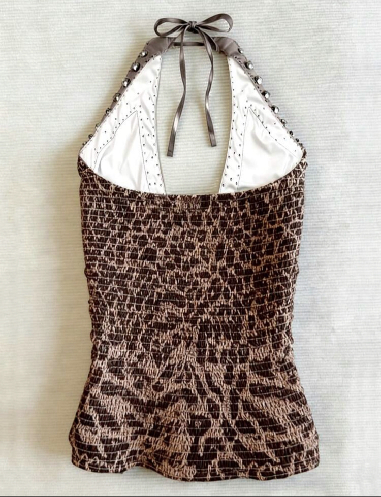 Vintage Leopar Desen Halter Bağlama Dekolte Top