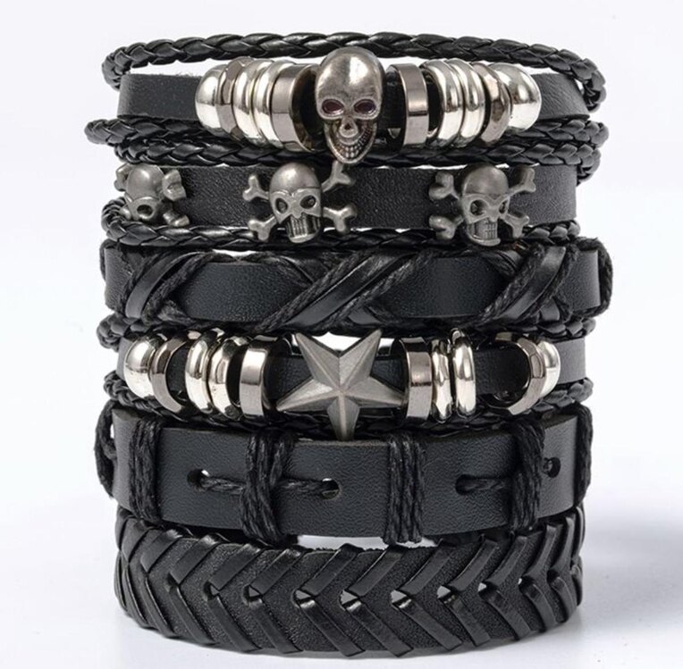 Punk Gothic Kurukafa Detaylı 6 Parça Bileklik Seti