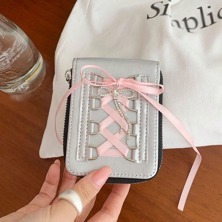 Coquette Metalik Gümüş & Pastel Pembe Kurdele Korse Bağcıklı Cüzdan