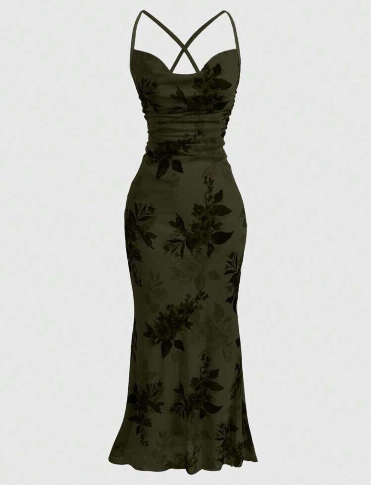Grunge Glamour Floral Tüllü Haki Elbise